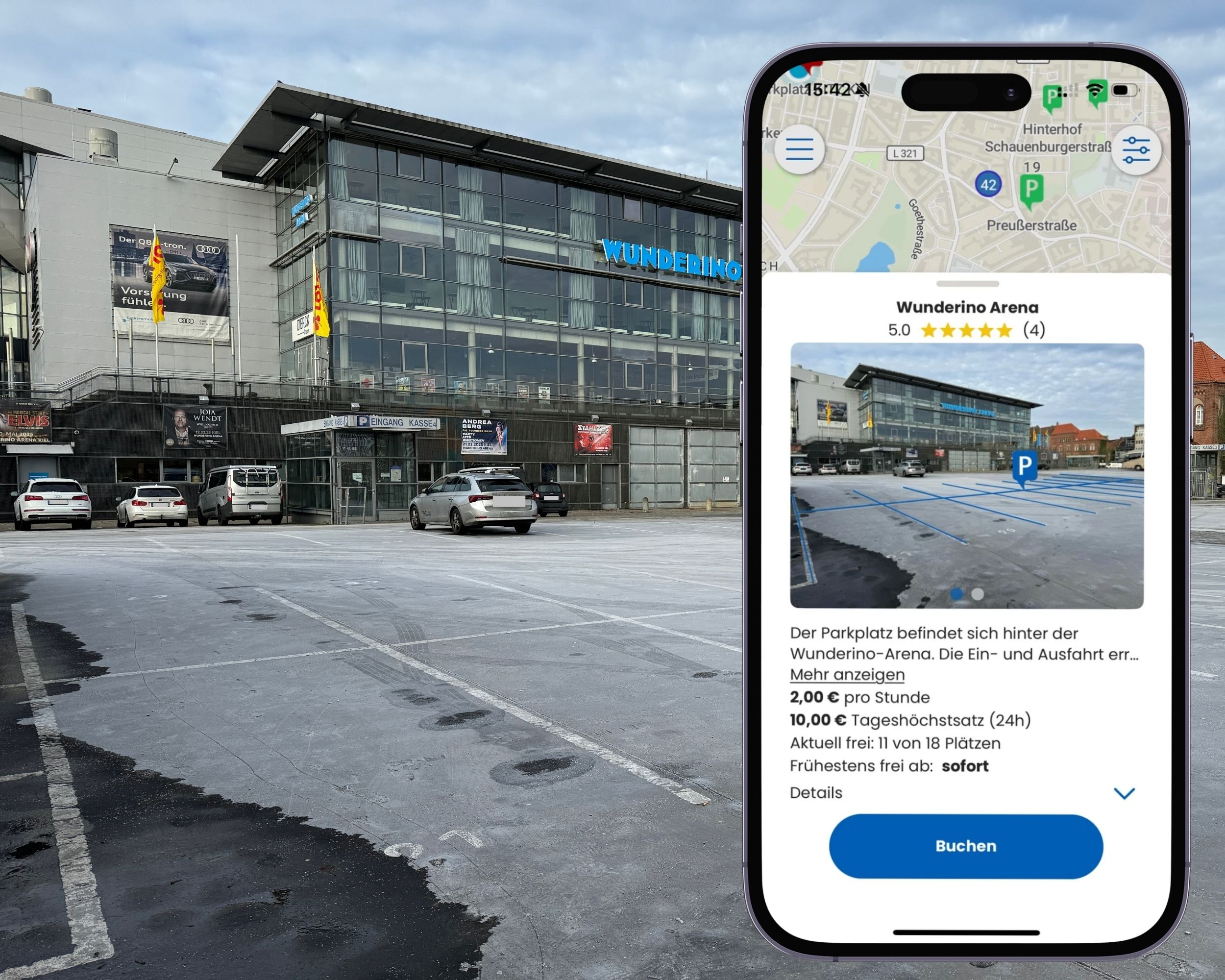Screenshot der PEUKA App für eine Parkfläche der Wunderino Arena in Kiel.